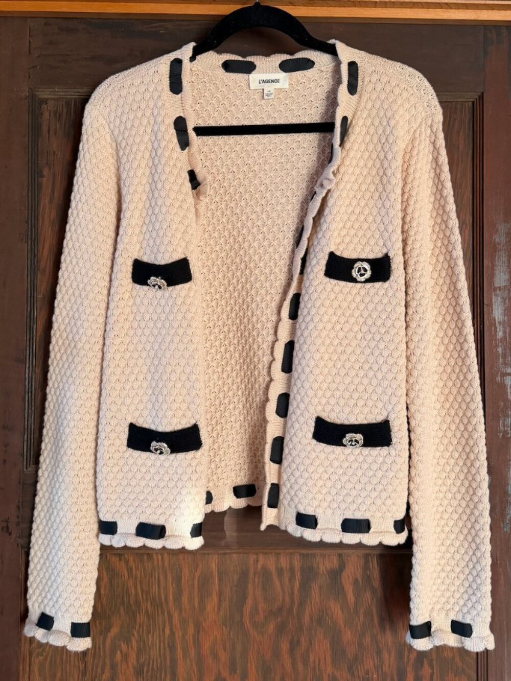 L'AGENCE Astor beige knit cardigan/evening jacket with black ribbon trim
